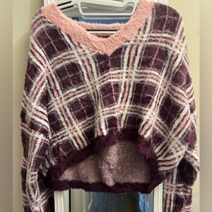 Pink and Purple Plaid Cropped V-Neck Sweater (SIZE L)